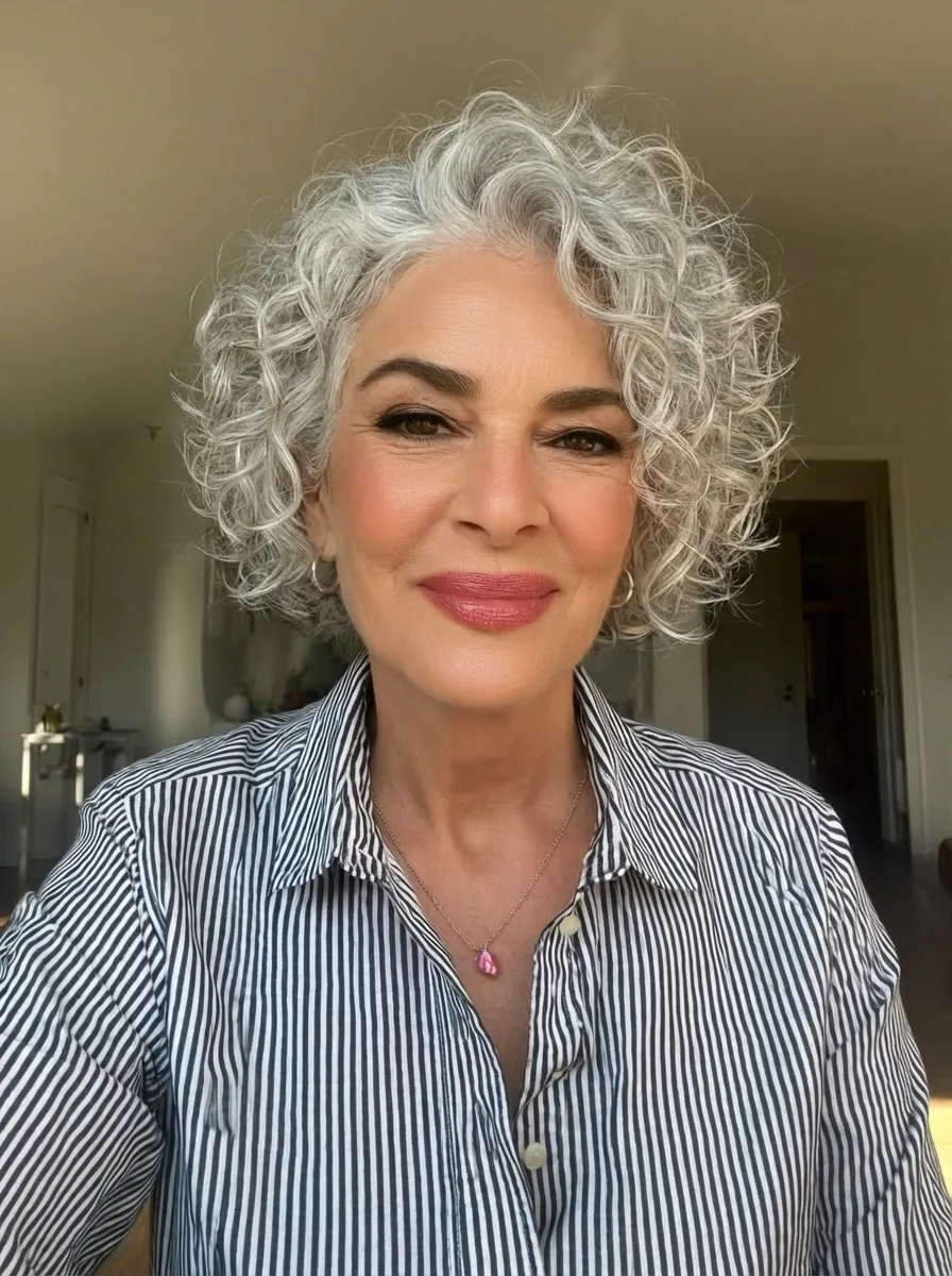 Voluminous Curly Pixie for Square Faces in Silver Frost